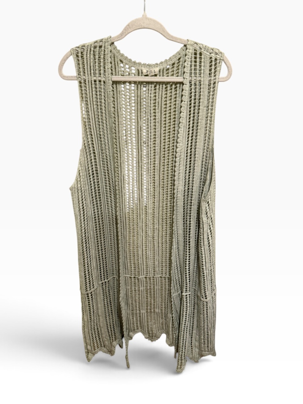 POL Sleeveless Crochet Open-Knit Tunic Vest/Duster in Light Olive - S/M